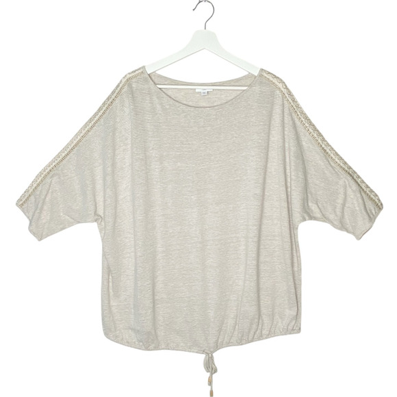 J. Jill Top Size 2X Tan Striped Linen Blend Knit Dolman Crochet Trim Casual Boho - Picture 1 of 9